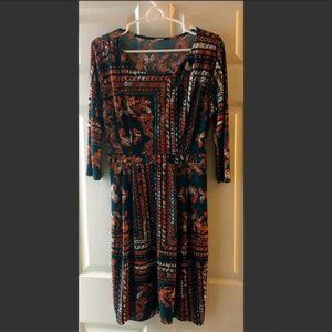 Vintage orange and teal print, stretchy pullover dress